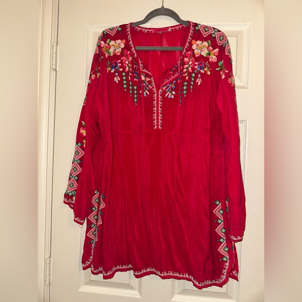 JOHNNY WAS VANESSA EMBROIDERED BLOUSE PEASANT TUNIC BOHO